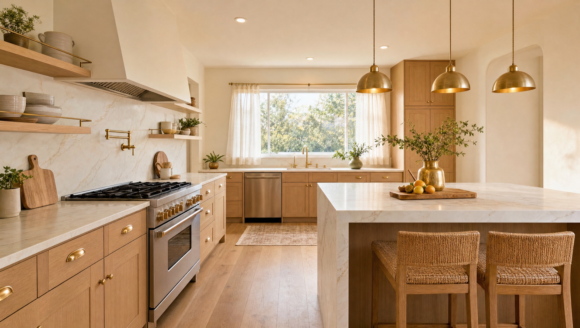Allied Gardens kitchen after remodel — white oak shaker cabinets, quartz peninsula, brushed gold