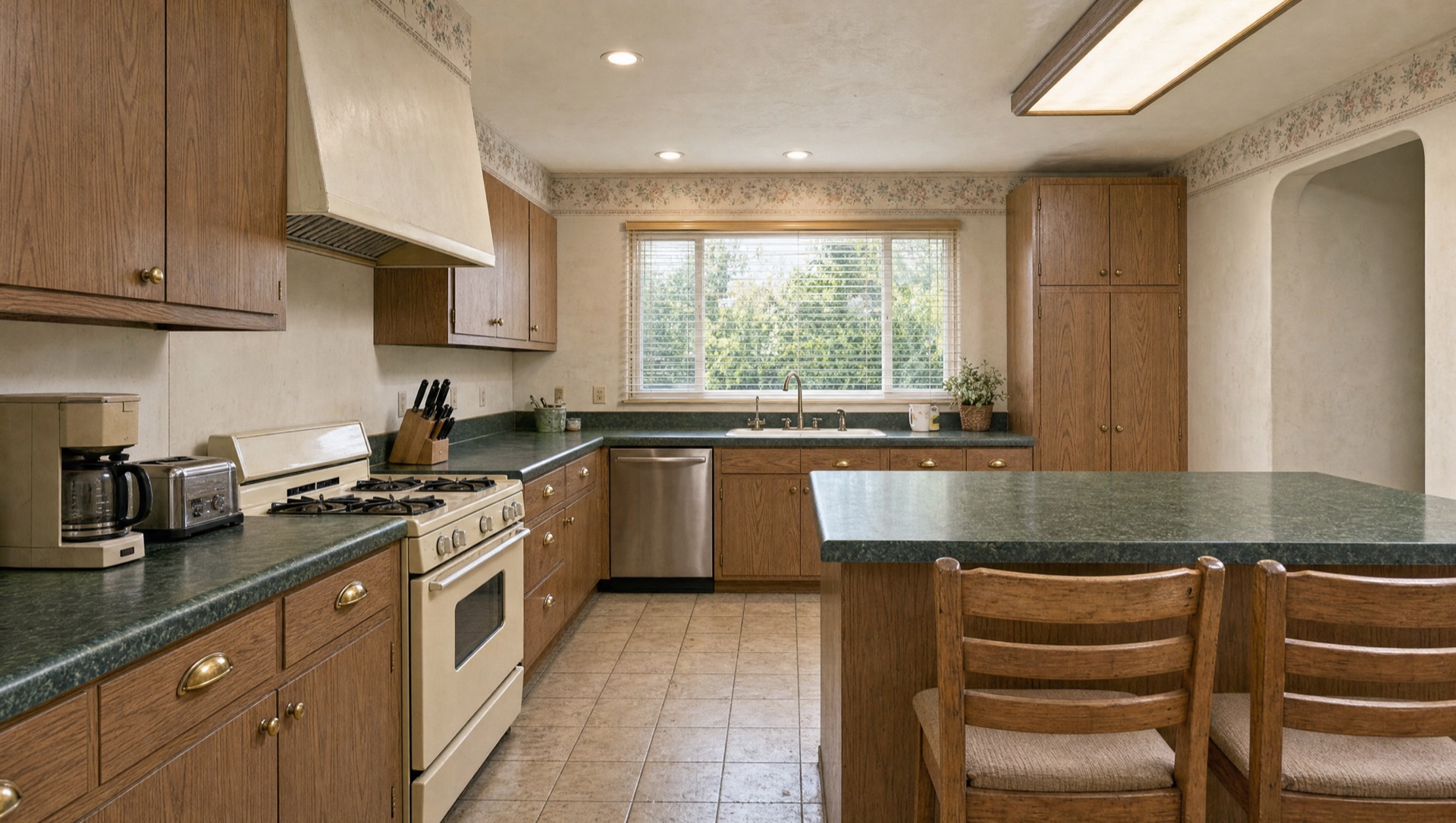 Dated 1980s Allied Gardens ranch kitchen with oak laminate cabinets and Formica counters