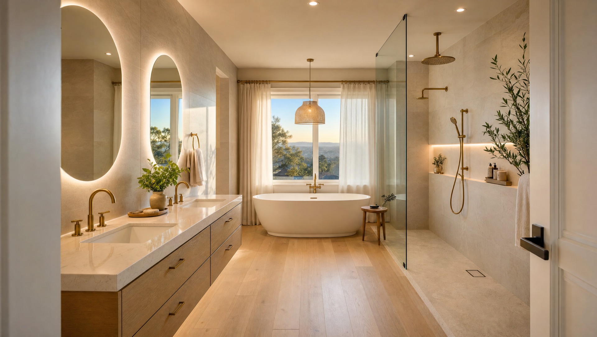 Del Cerro primary bathroom after remodel — curbless walk-in shower, freestanding tub, white oak vanity, brushed gold finishes