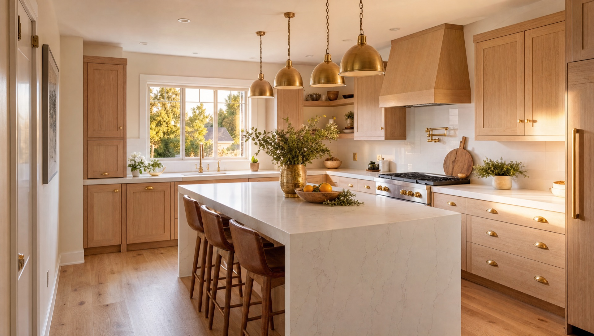 Same La Mesa kitchen remodeled — white oak shaker cabinets, quartz island, brushed gold hardware