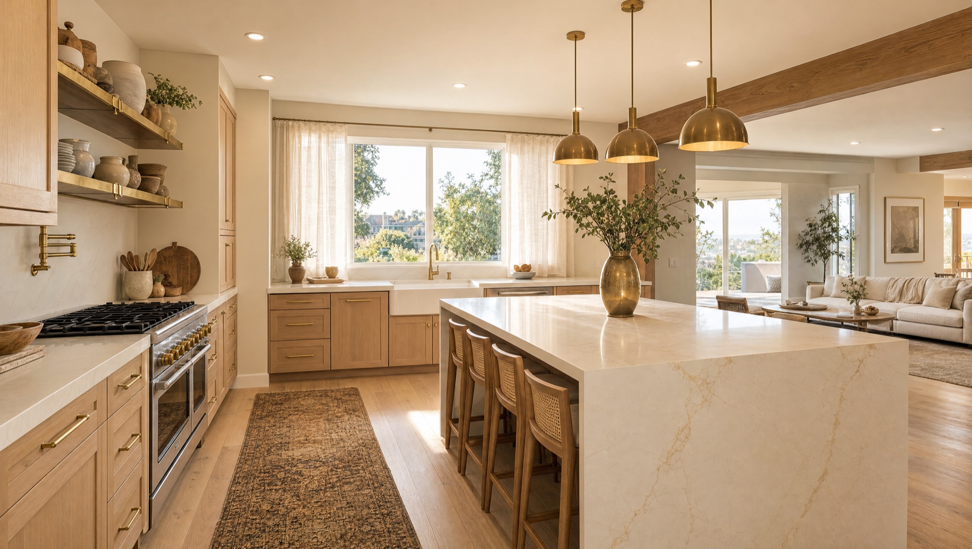 Mission Trails open-concept kitchen after remodel — white oak shaker, 9-foot quartz island, brushed gold pendants