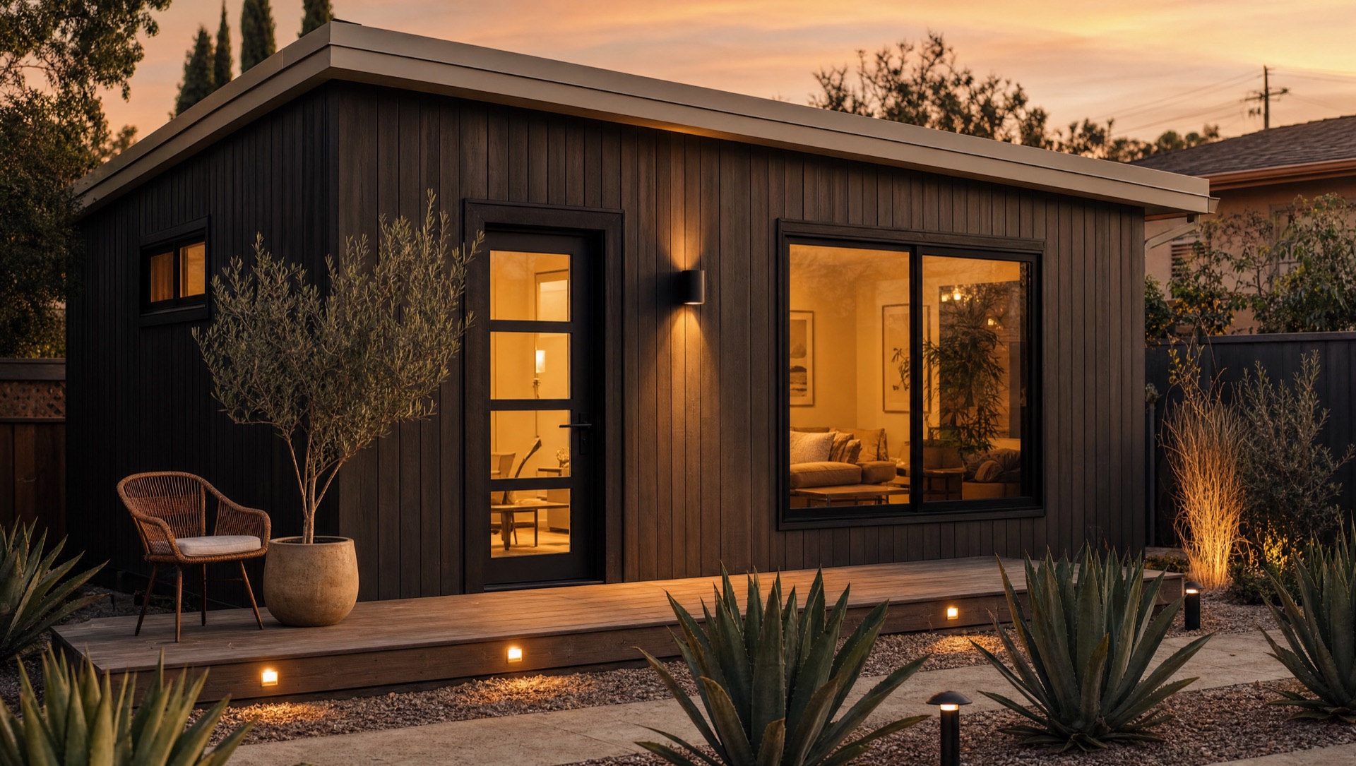 Modern 700 sqft detached ADU in the same San Carlos backyard with cedar siding and brass accents