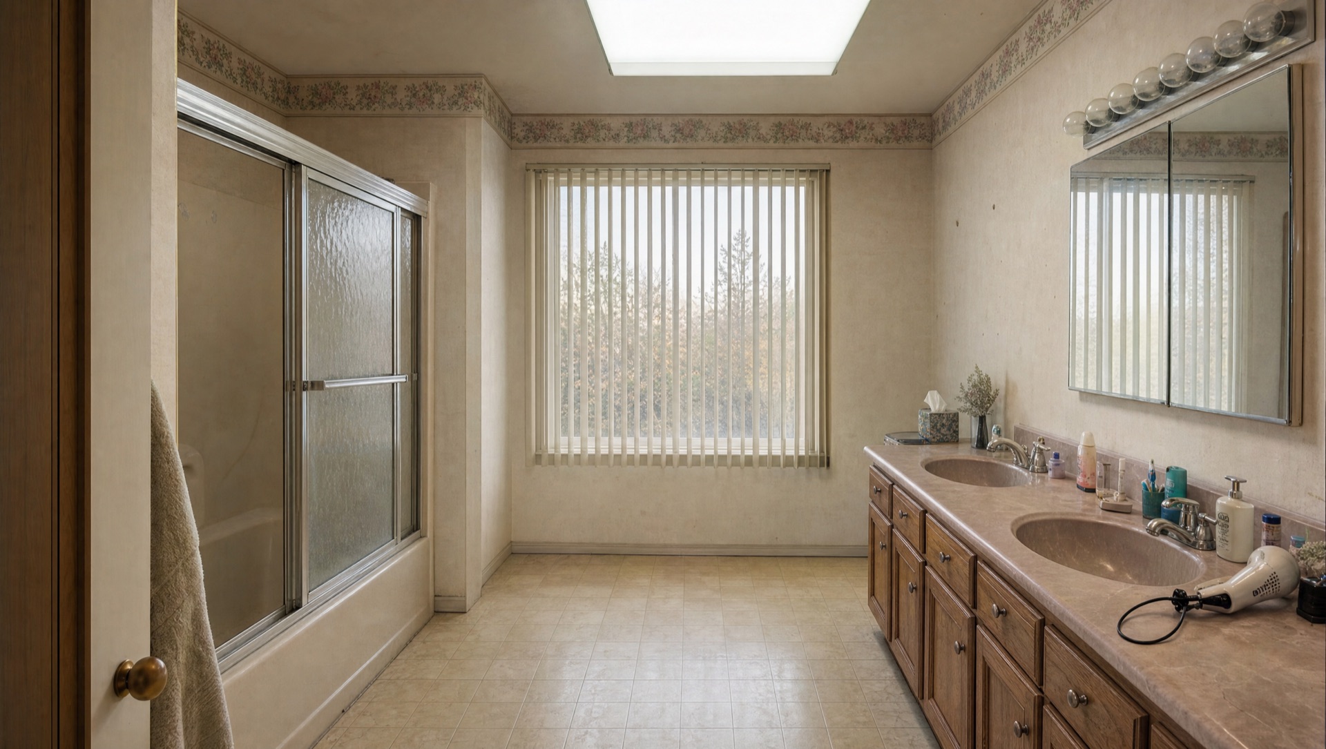 Dated 1990s Tierrasanta primary bath with beige tile and tub-shower combo