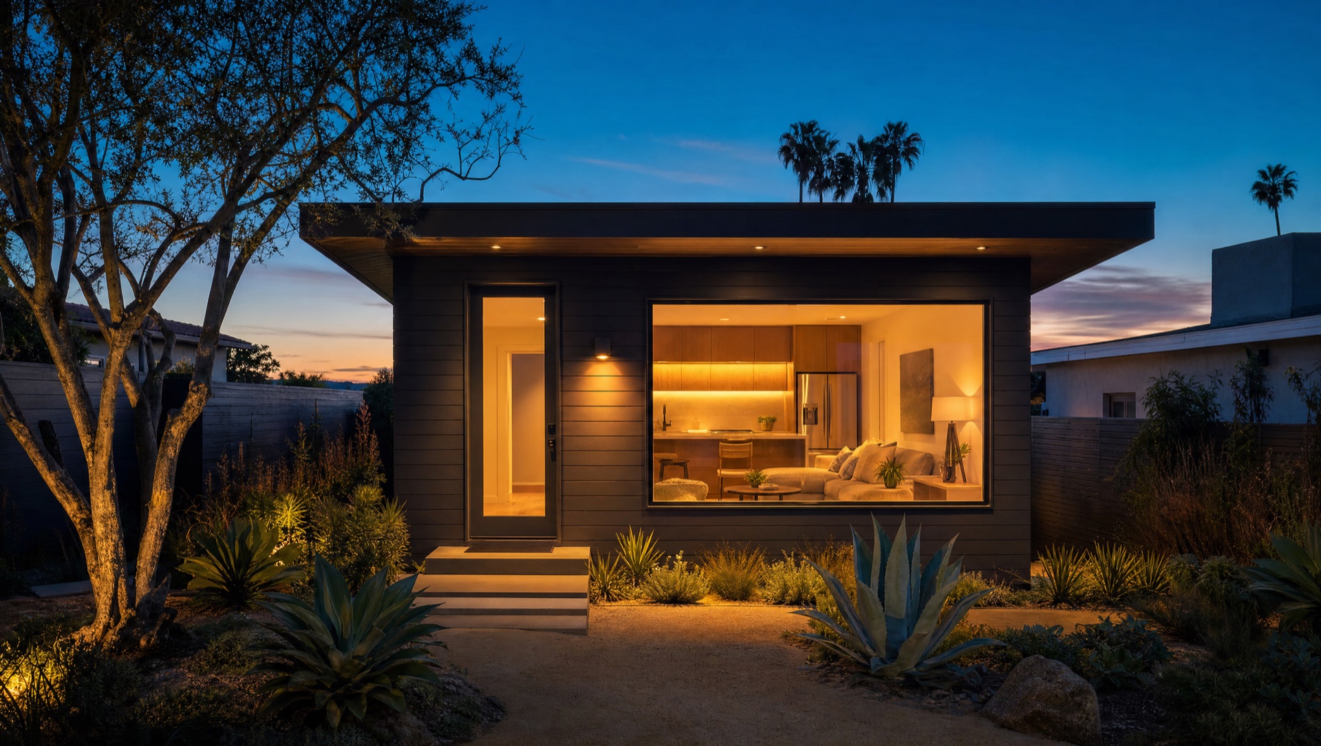 Same footprint rebuilt as a modern detached ADU with charcoal cedar siding