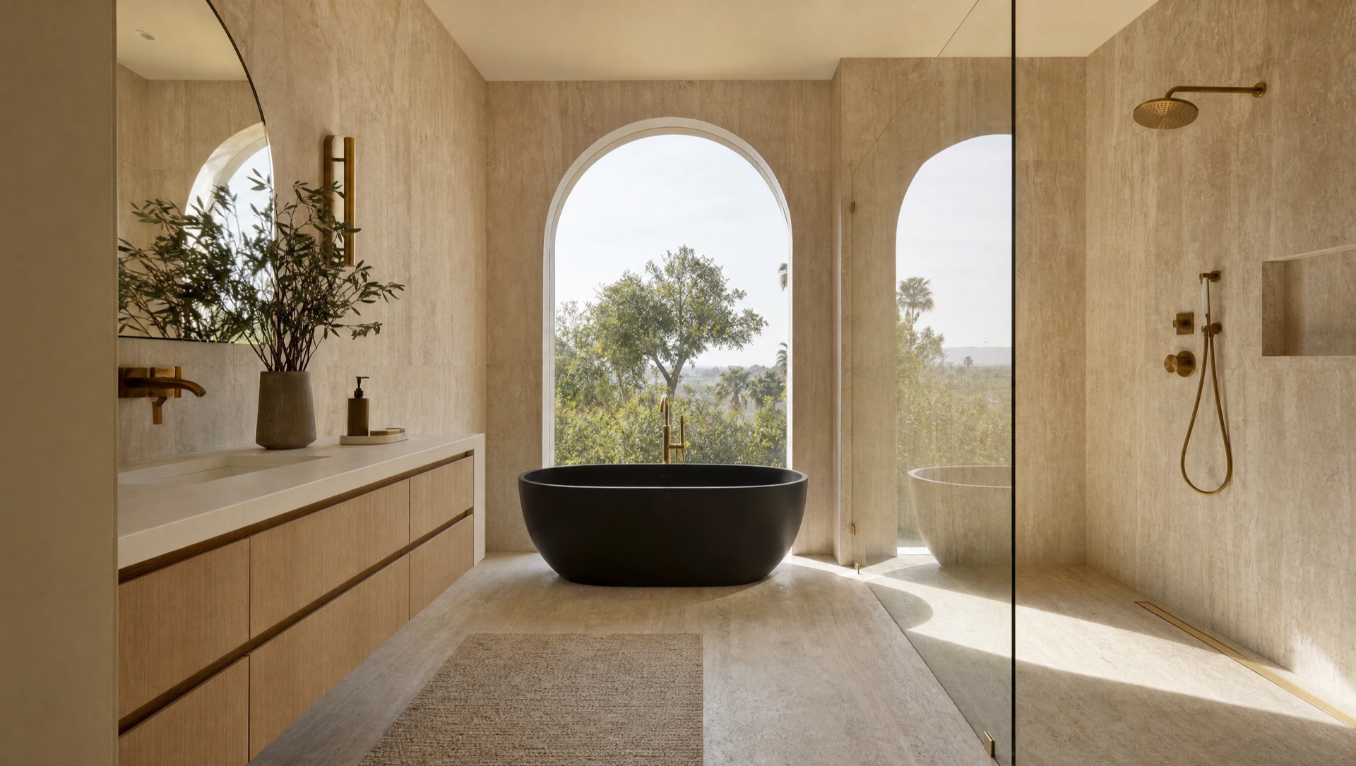 Same bathroom after remodel — travertine walls, curbless walk-in shower, brushed-gold finishes