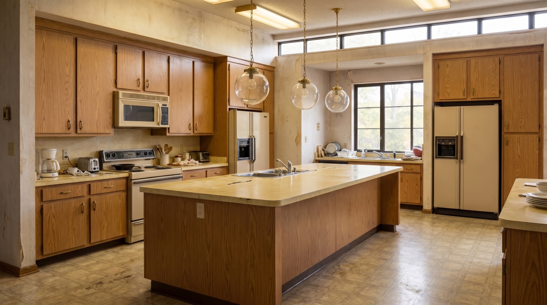 Dated 1980s San Diego kitchen before remodel — oak laminate cabinets and Formica counters